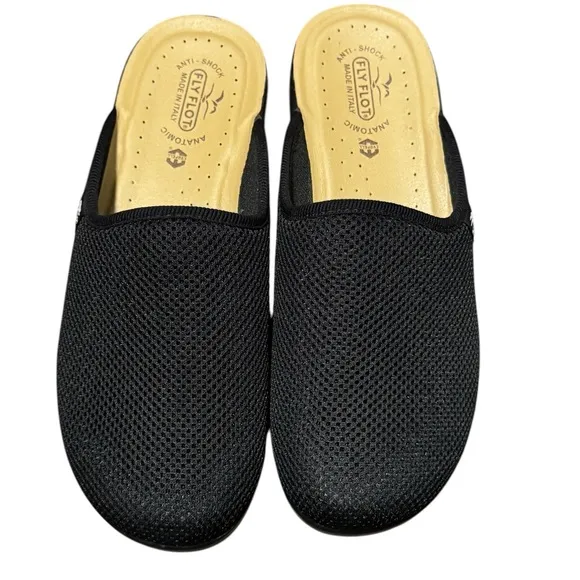 Fly Flot Black Mesh Slip-On Mules with Open Back Clogs Boho Casual Size 43