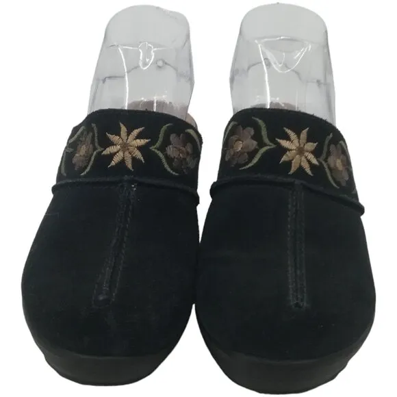 Fly Flot Suede Embroidered Floral Clogs Mules Size 38 US 7 Black Comfort Leather