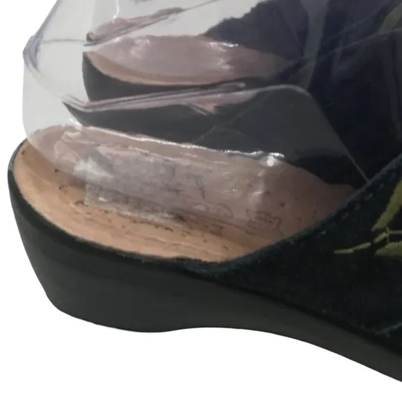 Fly Flot Suede Embroidered Floral Clogs Mules Size 38 US 7 Black Comfort Leather