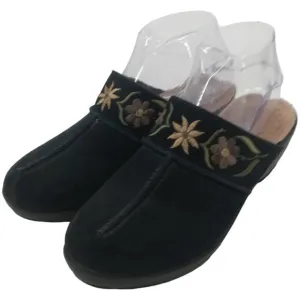 Fly Flot Suede Embroidered Floral Clogs Mules Size 38 US 7 Black Comfort Leather