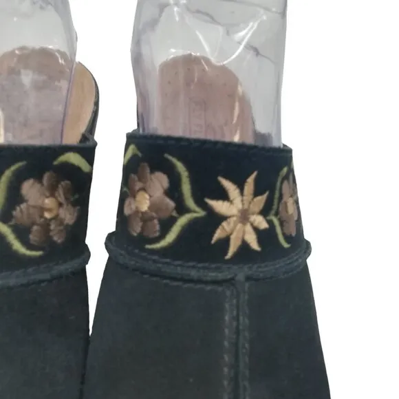 Fly Flot Suede Embroidered Floral Clogs Mules Size 38 US 7 Black Comfort Leather