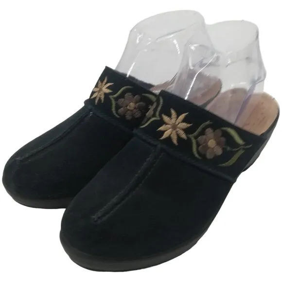 Fly Flot Suede Embroidered Floral Clogs Mules Size 38 US 7 Black Comfort Leather