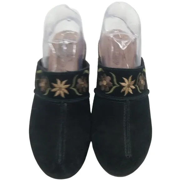 Fly Flot Suede Embroidered Floral Clogs Mules Size 38 US 7 Black Comfort Leather