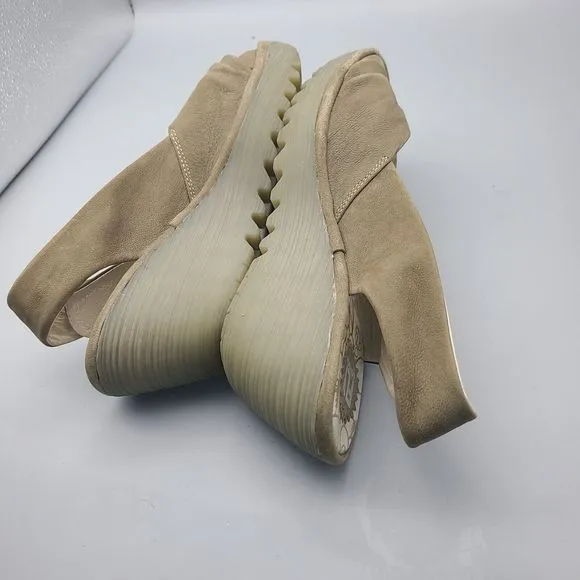 FLY LONDON Sandal Beige Yakin Yata Knot  Peep Toe Slingback Wedge Heel 40 9 9.5