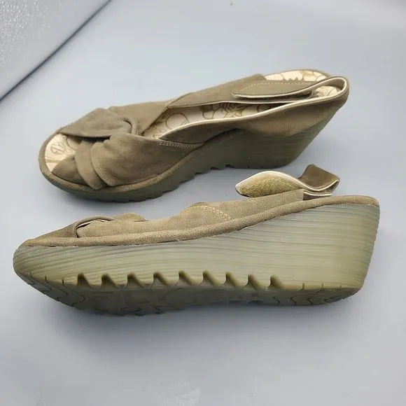 FLY LONDON Sandal Beige Yakin Yata Knot  Peep Toe Slingback Wedge Heel 40 9 9.5