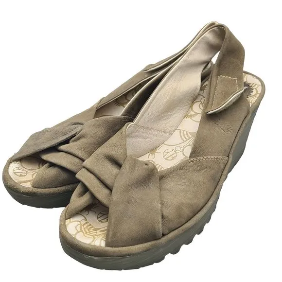 FLY LONDON Sandal Beige Yakin Yata Knot  Peep Toe Slingback Wedge Heel 40 9 9.5