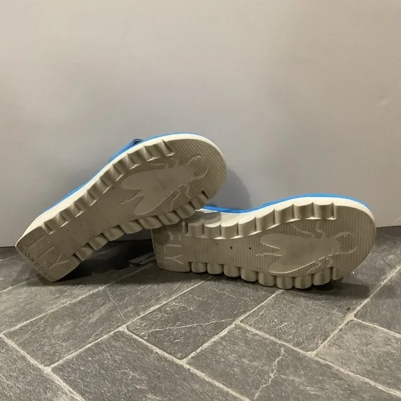 Fly London Yabo Azure Blue Nubuck Platform Wedge Slip On Sandal Size 7.5/8