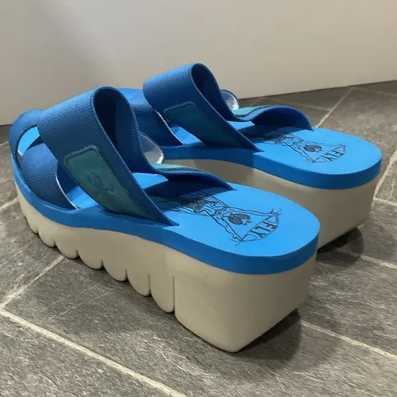 Fly London Yabo Azure Blue Nubuck Platform Wedge Slip On Sandal Size 7.5/8