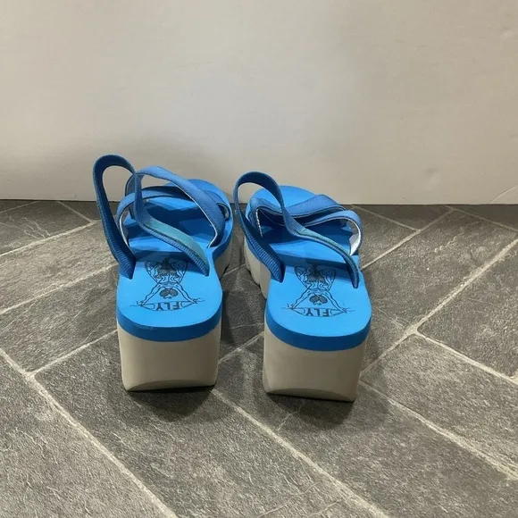 Fly London Yabo Azure Blue Nubuck Platform Wedge Slip On Sandal Size 7.5/8