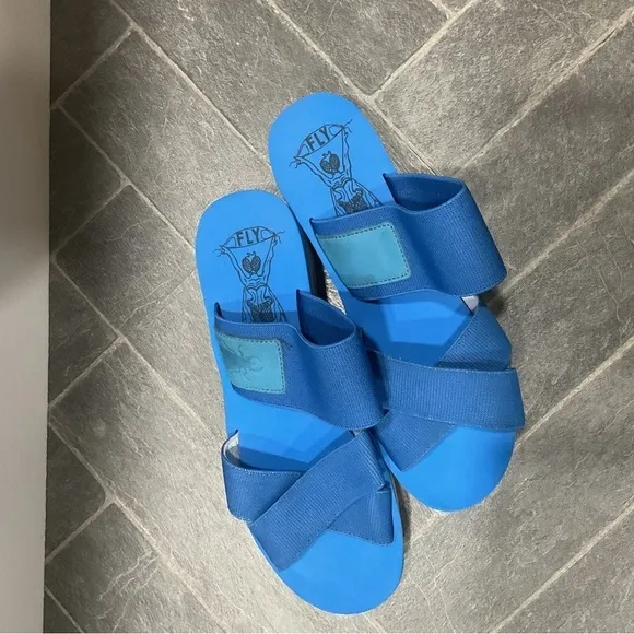 Fly London Yabo Azure Blue Nubuck Platform Wedge Slip On Sandal Size 7.5/8