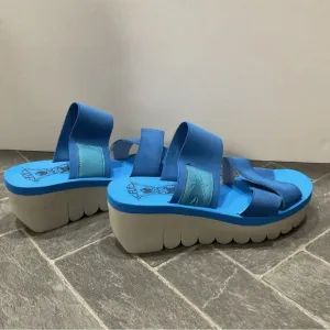 Fly London Yabo Azure Blue Nubuck Platform Wedge Slip On Sandal Size 7.5/8