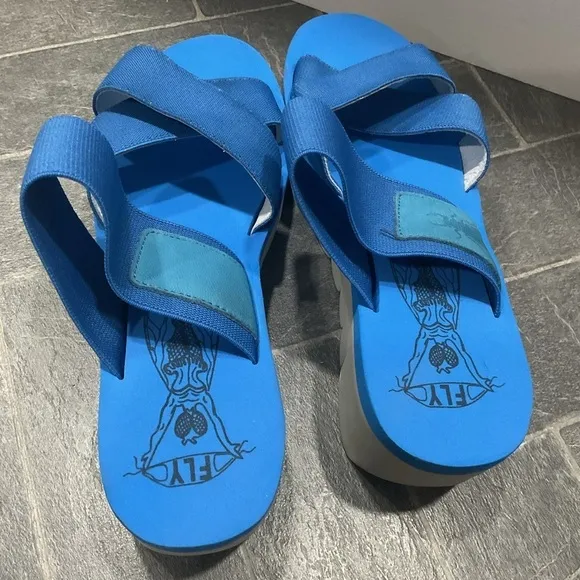 Fly London Yabo Azure Blue Nubuck Platform Wedge Slip On Sandal Size 7.5/8
