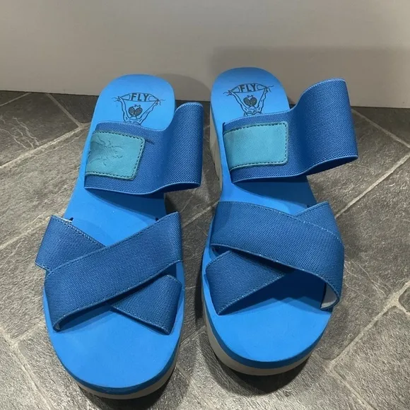 Fly London Yabo Azure Blue Nubuck Platform Wedge Slip On Sandal Size 7.5/8