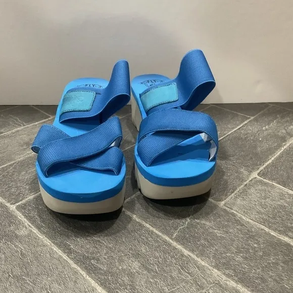 Fly London Yabo Azure Blue Nubuck Platform Wedge Slip On Sandal Size 7.5/8