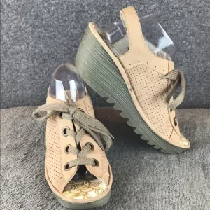 Fly London Yuta Platform Peep Toe Wedge Sandal Nude Heels Nordstroms Sz 41 Taupe