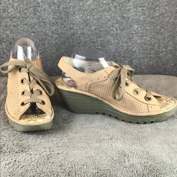 Fly London Yuta Platform Peep Toe Wedge Sandal Nude Heels Nordstroms Sz 41 Taupe