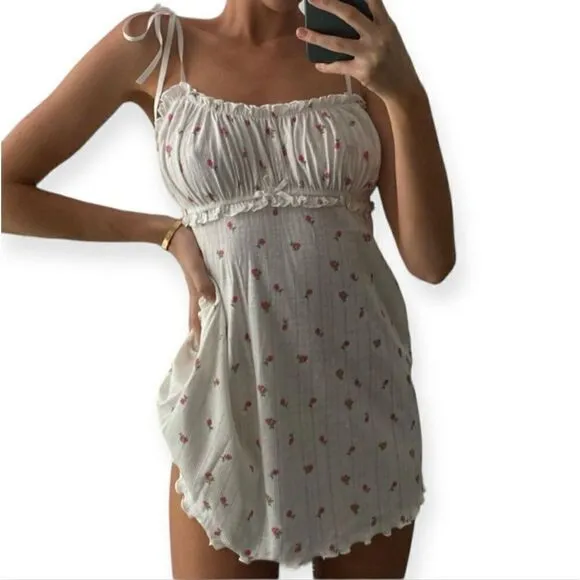 For Love &amp; Lemons Women’s Size M White Pink Floral Blossom Pointelle Slip Dress