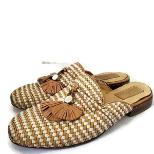 Franco Cuadra Tassel Woven Tan Leather Slip-On Mules Flat Shoes Womens Sz 7.5 US
