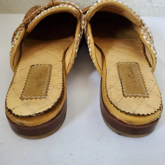 Franco Cuadra Tassel Woven Tan Leather Slip-On Mules Flat Shoes Womens Sz 7.5 US