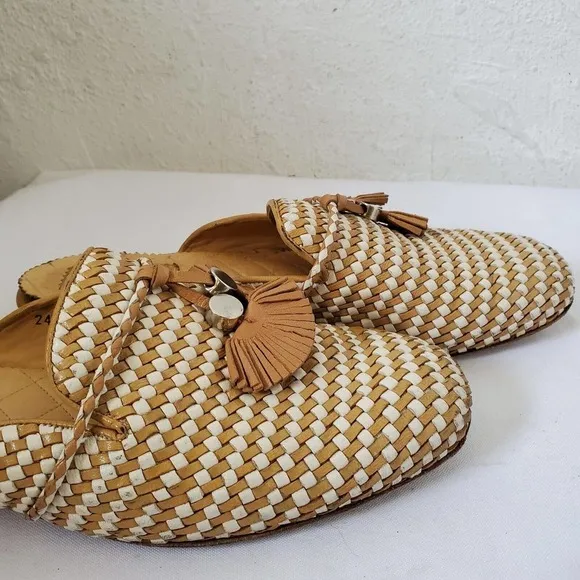 Franco Cuadra Tassel Woven Tan Leather Slip-On Mules Flat Shoes Womens Sz 7.5 US