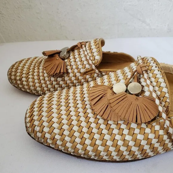Franco Cuadra Tassel Woven Tan Leather Slip-On Mules Flat Shoes Womens Sz 7.5 US