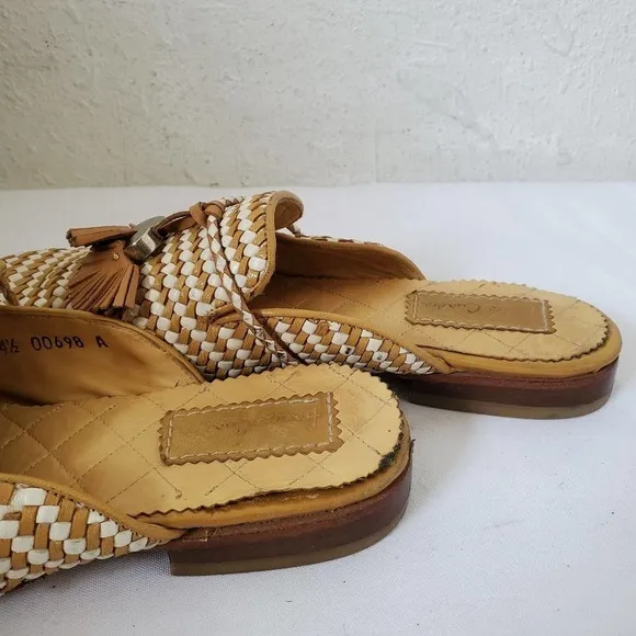 Franco Cuadra Tassel Woven Tan Leather Slip-On Mules Flat Shoes Womens Sz 7.5 US
