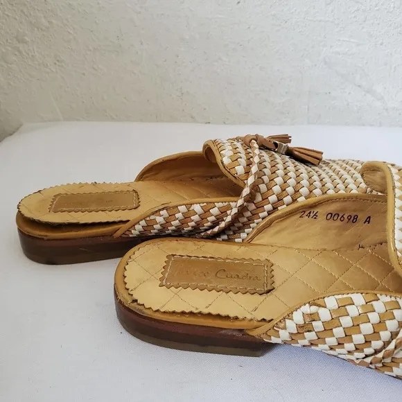 Franco Cuadra Tassel Woven Tan Leather Slip-On Mules Flat Shoes Womens Sz 7.5 US
