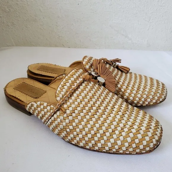 Franco Cuadra Tassel Woven Tan Leather Slip-On Mules Flat Shoes Womens Sz 7.5 US