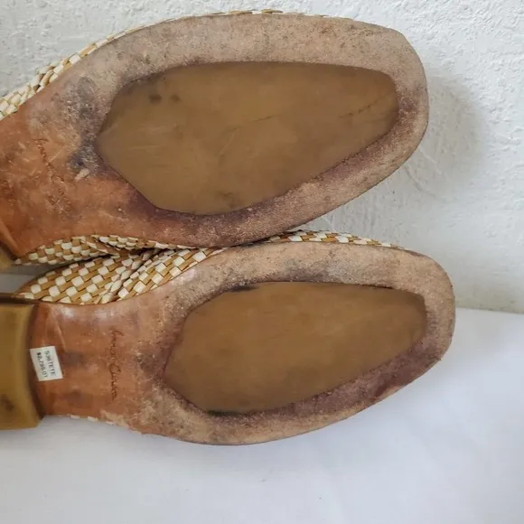 Franco Cuadra Tassel Woven Tan Leather Slip-On Mules Flat Shoes Womens Sz 7.5 US
