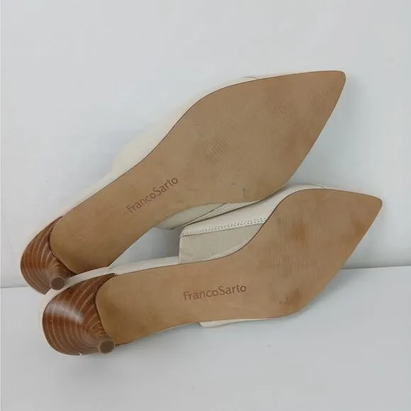 Franco Sarto SZ 10 Doxie Cream Leather Slip On Kitten Heel Mules