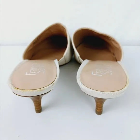 Franco Sarto SZ 10 Doxie Cream Leather Slip On Kitten Heel Mules