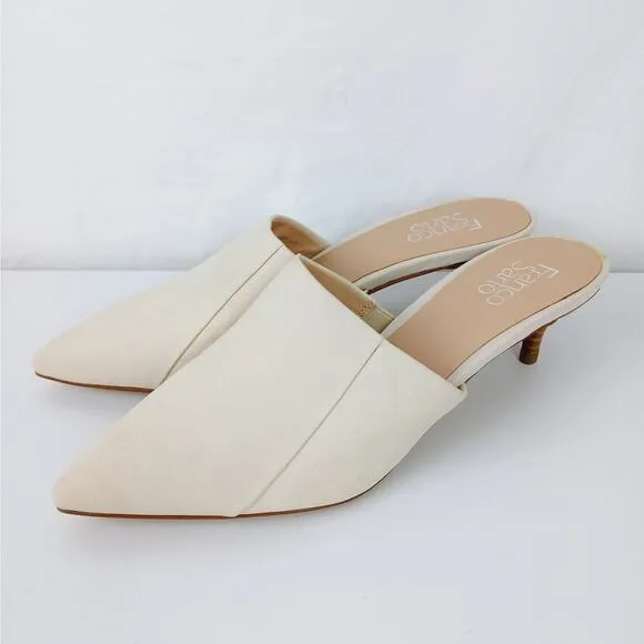 Franco Sarto SZ 10 Doxie Cream Leather Slip On Kitten Heel Mules