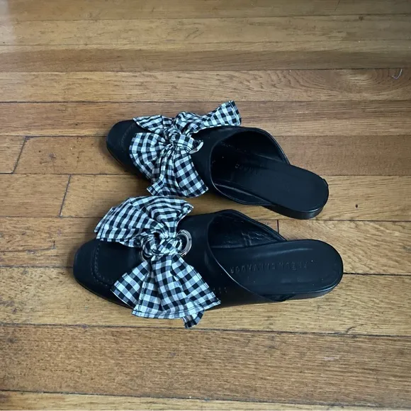 Freda Salvador Ona Black and White Gingham Tie Flat Mules sz 7.5