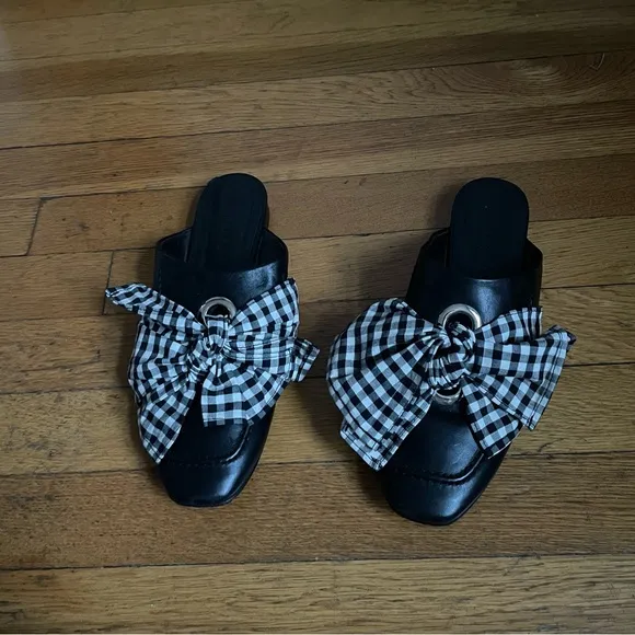 Freda Salvador Ona Black and White Gingham Tie Flat Mules sz 7.5