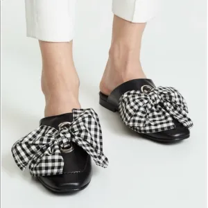 Freda Salvador Ona Black and White Gingham Tie Flat Mules sz 7.5