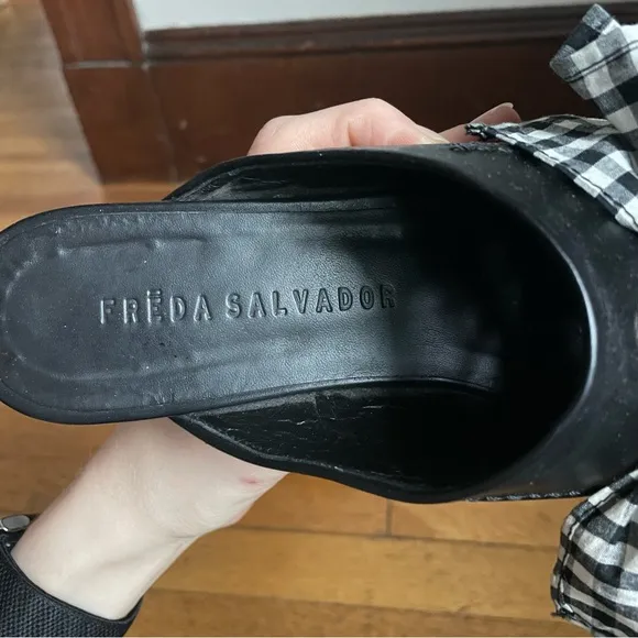 Freda Salvador Ona Black and White Gingham Tie Flat Mules sz 7.5