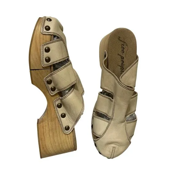 Free People $258 Libra Cream Leather Fisherman Wedge Chunky Wooden Clogs size 10