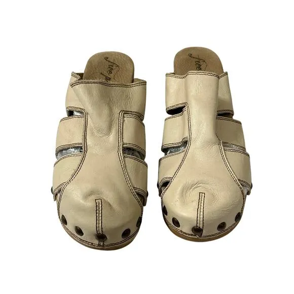 Free People $258 Libra Cream Leather Fisherman Wedge Chunky Wooden Clogs size 10