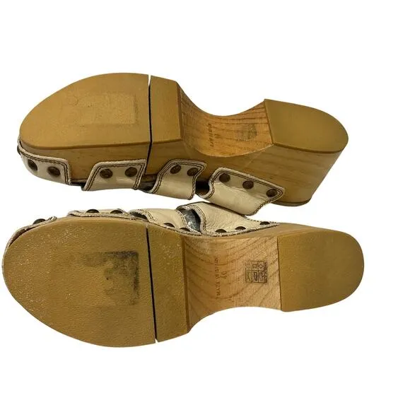 Free People $258 Libra Cream Leather Fisherman Wedge Chunky Wooden Clogs size 10