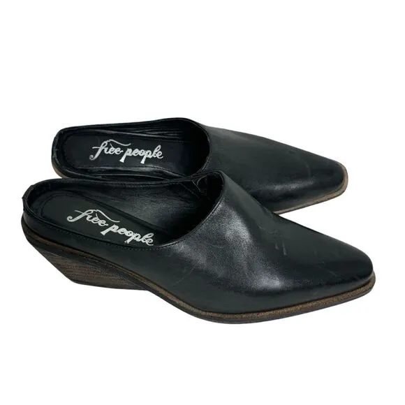 Free People black leather square toe wooden block heel slip on mules size 38 NEW