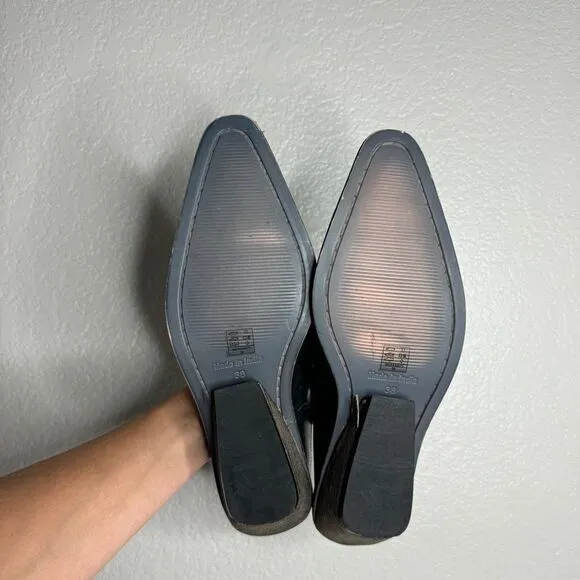 Free People black leather square toe wooden block heel slip on mules size 38 NEW