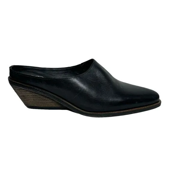 Free People black leather square toe wooden block heel slip on mules size 38 NEW
