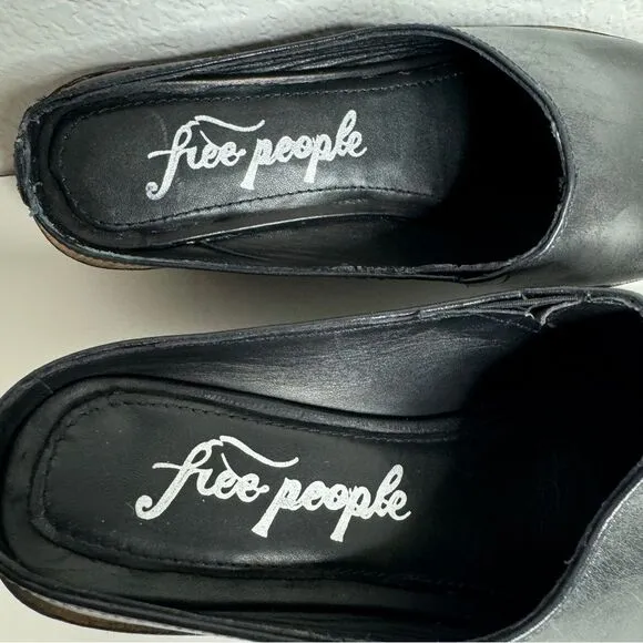 Free People black leather square toe wooden block heel slip on mules size 38 NEW