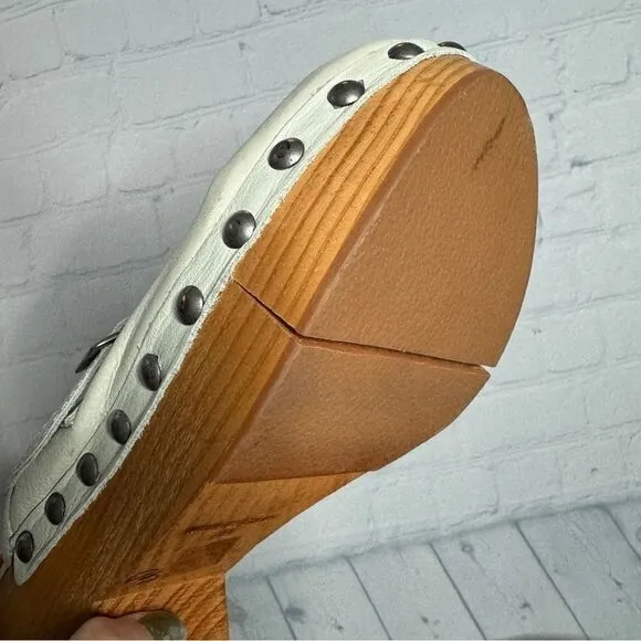 Free People bone leather studded chunky buckle wooden platform clogs size 39 NEW