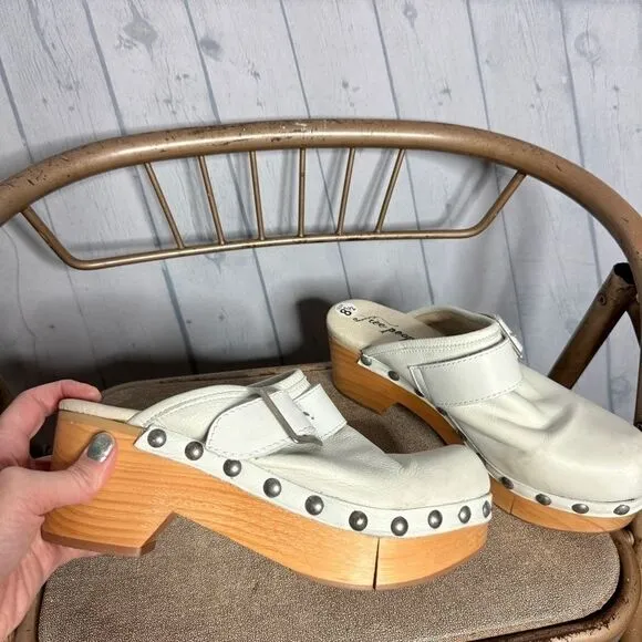 Free People bone leather studded chunky buckle wooden platform clogs size 39 NEW