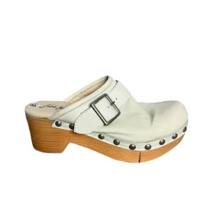 Free People bone leather studded chunky buckle wooden platform clogs size 39 NEW