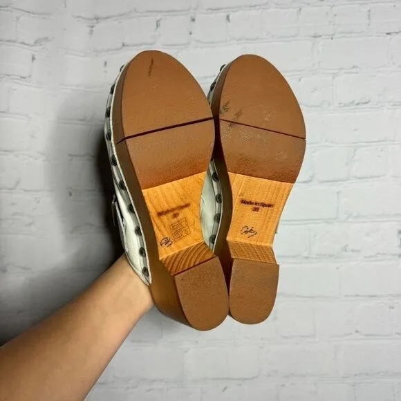 Free People bone leather studded chunky buckle wooden platform clogs size 39 NEW