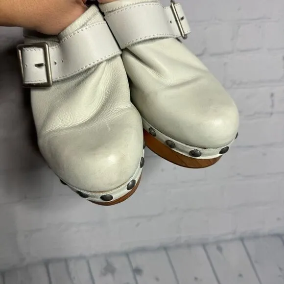 Free People bone leather studded chunky buckle wooden platform clogs size 39 NEW