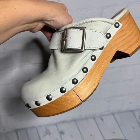 Free People bone leather studded chunky buckle wooden platform clogs size 39 NEW