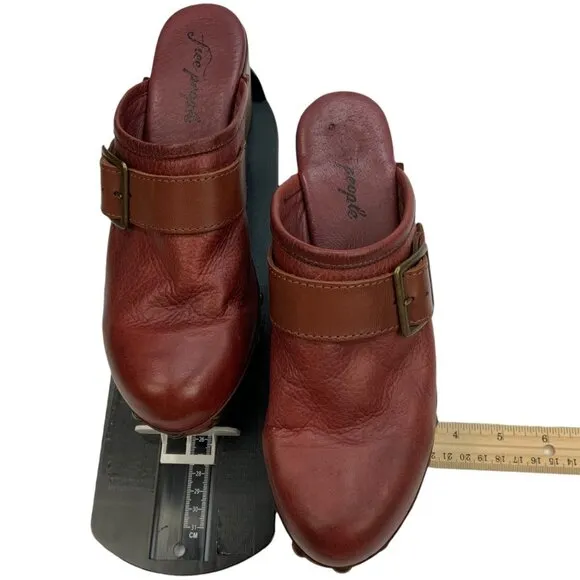 Free People Culver City Clogs Shoes 40 Mahogany Wooden Platform Buckle Leather